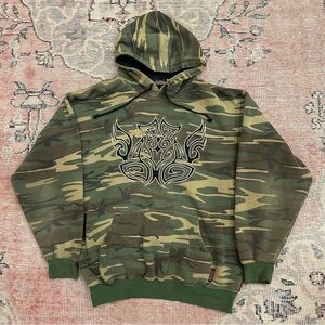 Sapphire Lounge Sweatshirt Mens L Camo Pockets Pullover Hoodie Y2k Tribal Logo